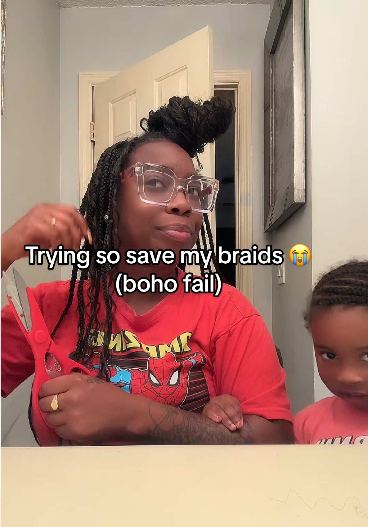 A post by @tekab0 on TikTok caption: I’m just trinna save em for 1 more week or 2 …. What yall think 😭 #fyp #bohobraids #smfh #fail #omg #help 