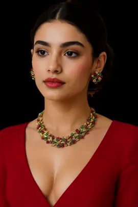 A post by @erikschaix on TikTok caption: Collier en or jaune inspiré des rameaux d’airelles, composé de petites feuilles finement ciselées, entrelacées de grappes de boules en rubis et émeraudes évoquant des fruits rouges et verts. Des diamants délicatement parsemés viennent ponctuer l’ensemble, apportant éclat et raffinement. Les boucles d’oreilles assorties reprennent le motif floral en couronne, composées de pierres précieuses aux teintes vives et d’or travaillé, offrant une élégante harmonie #jewelry #paris #workshop #madetoorder #bijouxdecréateur 