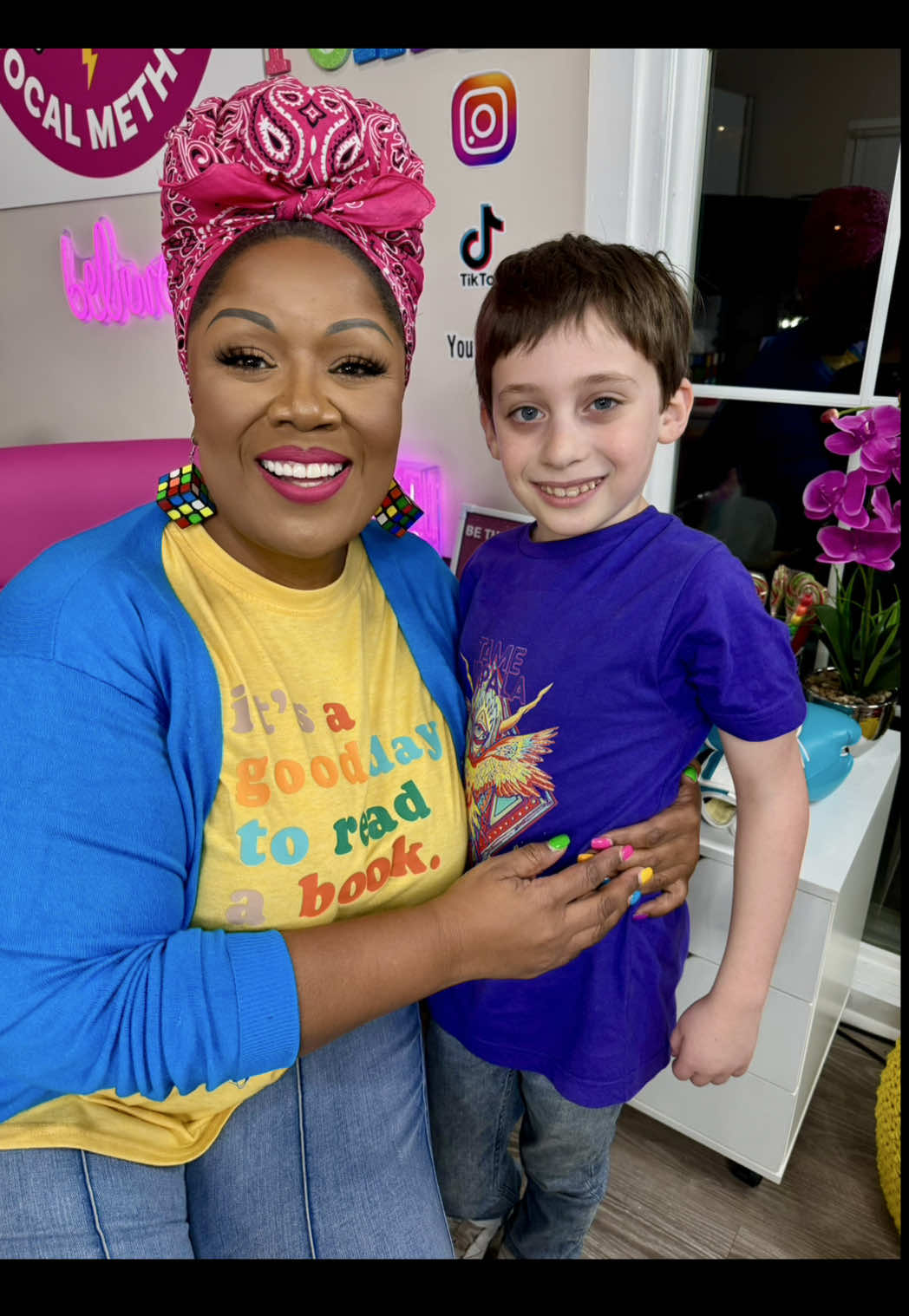 A post by @milesmusickid on TikTok caption: Miles Bonham @milesmusickid met @Cheryl Porter | Vocal Coach and they had a lot of fun singing together! #MilesMusicKid #cherylportervocalcoach #sing #vocalcoach #HowDeepIsYourLove #Talented 