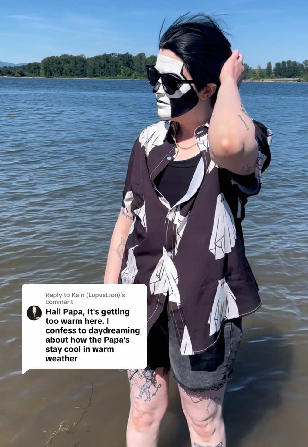 A post by @hallowed_be_thy_username on TikTok caption: Replying to @Kain (LupusLion) don’t be afraid to get a bit wet and wear sunscreen  #thebandghost #thebandghostcosplay #ghostbc #ghostband #papaemeritus #papaemeritusiii #papaemeritusiiicosplay #Cosplay #ministryhotline 