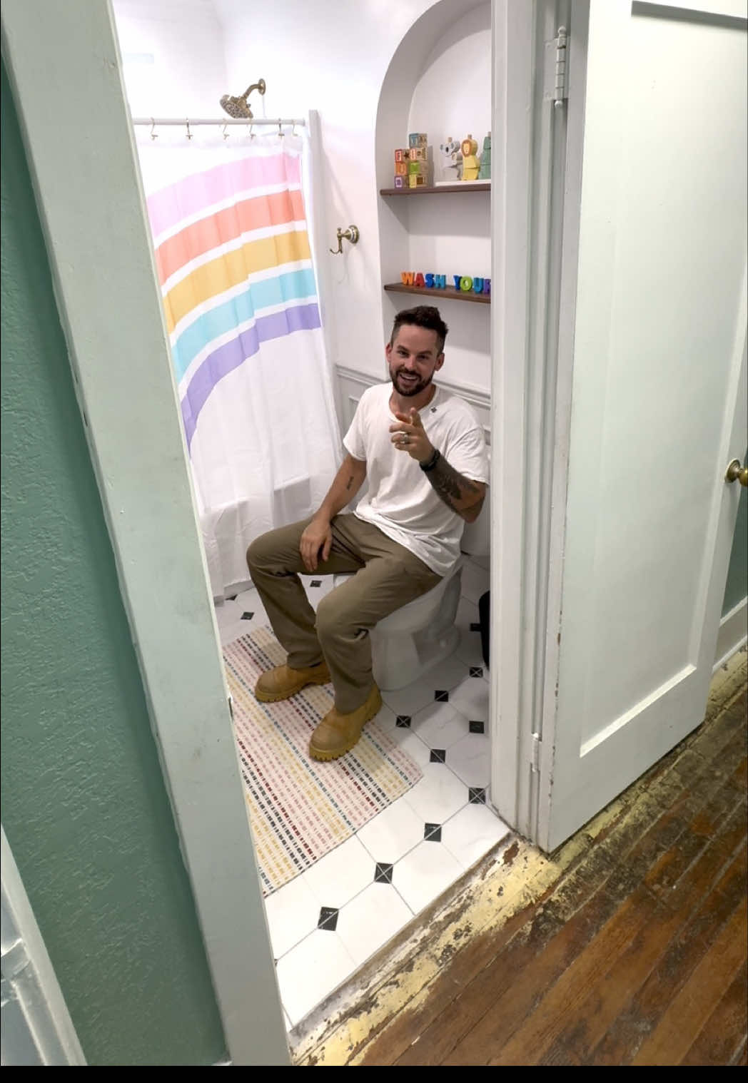 A post by @dadsocial on TikTok caption: She really didn’t believe me, but that’s why I love to do this stuff. What I also love is partnering with rad brands like @Angi (Formerly Angie’s List) ot only support, they encourage stuff like this! Head to their page to nominate someone you know for a free house call from an Angi Contractor! #diy #Angi #bathroom 