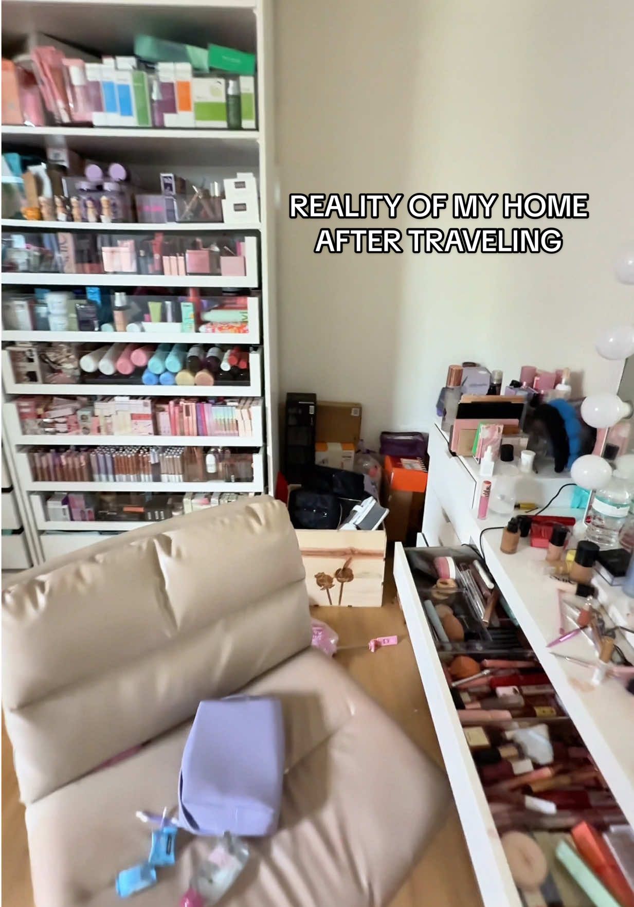 A post by @queenofgettingbanned on TikTok caption: You know where I’ll be the next few hours.. time to reset, unpack and clean after traveling😭 wish me luck