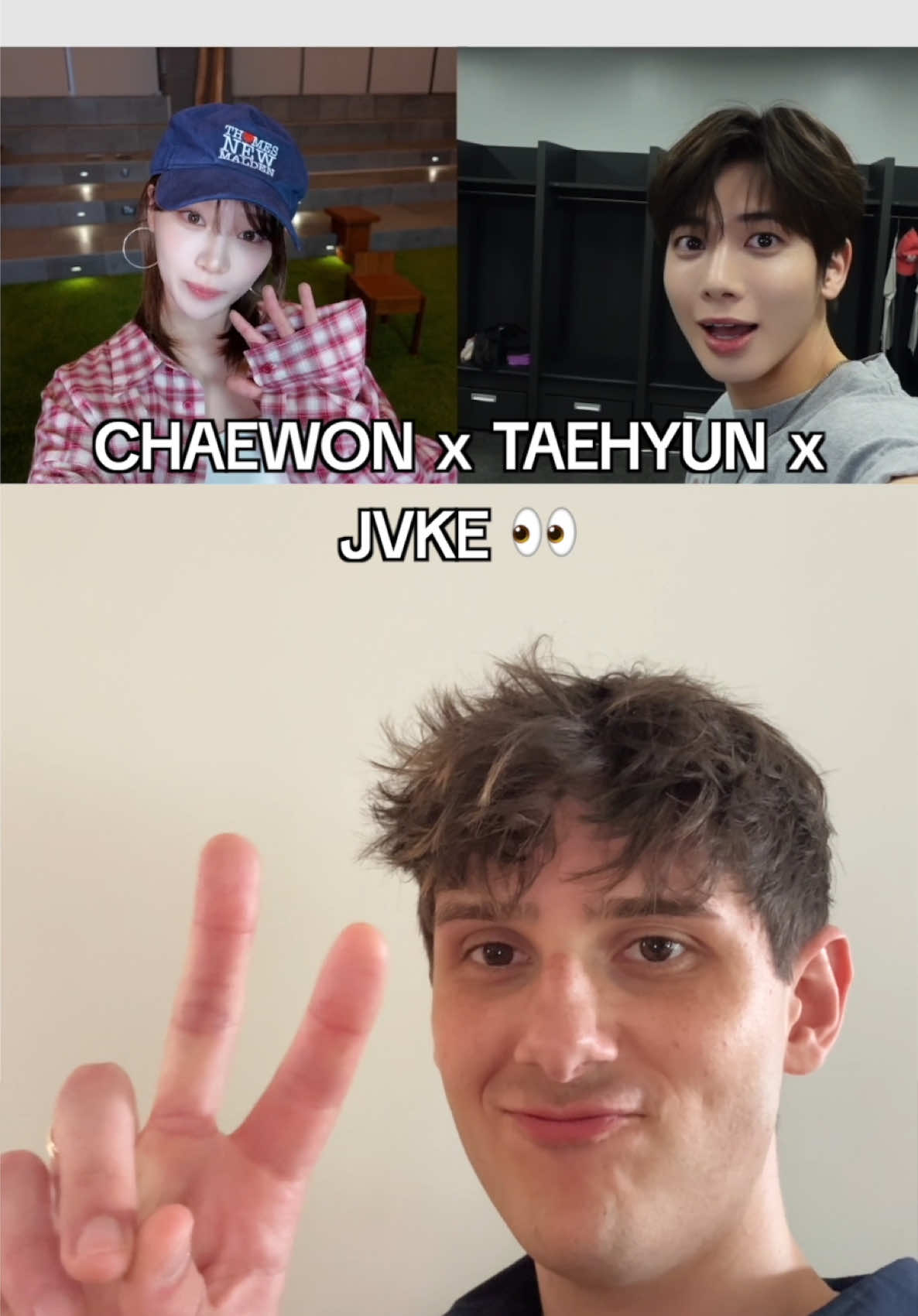 A post by @jvke on TikTok caption: surprise!! song with tae & chae chae!! 👑🪽🦋  #txt #tomorrow_x_together #taehyun #le_sserafim #chaewon 