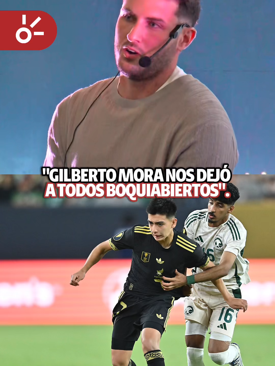 A post by @clarosports on TikTok caption: NO FUIMOS LOS ÚNICOS EN QUEDAR BOQUIABIERTOS 😅🇲🇽 El talento de Gilberto Mora también sorprendió al cuerpo técnico y a sus propios compañeros del Tricolor, así lo dejó claro Santi Gimenez, quien afirmó que espera poder ayudar al máximo a la joven joya mexicana en su desarrollo😌🔥 #GilbertoMora #SelecciónMexicana #CopaOro2025 #DebutSoñado #PromesaMexicana #FútbolMexicano #LigaMX #JovenPromesa #ClaroSports