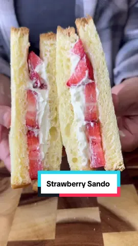 A post by @kauscooks on TikTok caption: The viral strawberry sandwich from M&S.. but at home (and better) Ingredients: (makes 2)  - 4 slices brioche  - 125g cream cheese - 1 tbsp double cream (optional) - 2 tbsp icing sugar - 5-6 strawberries It literally takes 5 minutes just make it at home #Viral #sandwich #strawberriesandcream #sando #marksandspencer 