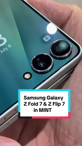 A post by @geekculture on TikTok caption: Have a first look at the Samsung Galaxy Z Fold 7 and Z Flip 7 in Mint colour. Available exclusively online. #Samsung #GalaxyZFlip7 #GalaxyZFold #GalaxyAI #GalaxyUnpacked #Mint #Tech #fyp #fypシ @Samsung Singapore 