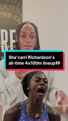 A post by @nbcolympics on TikTok caption: This 4x100m team would DOMINATE. 🔥‼️ #question #track #trackandfield #list #shacarririchardson 