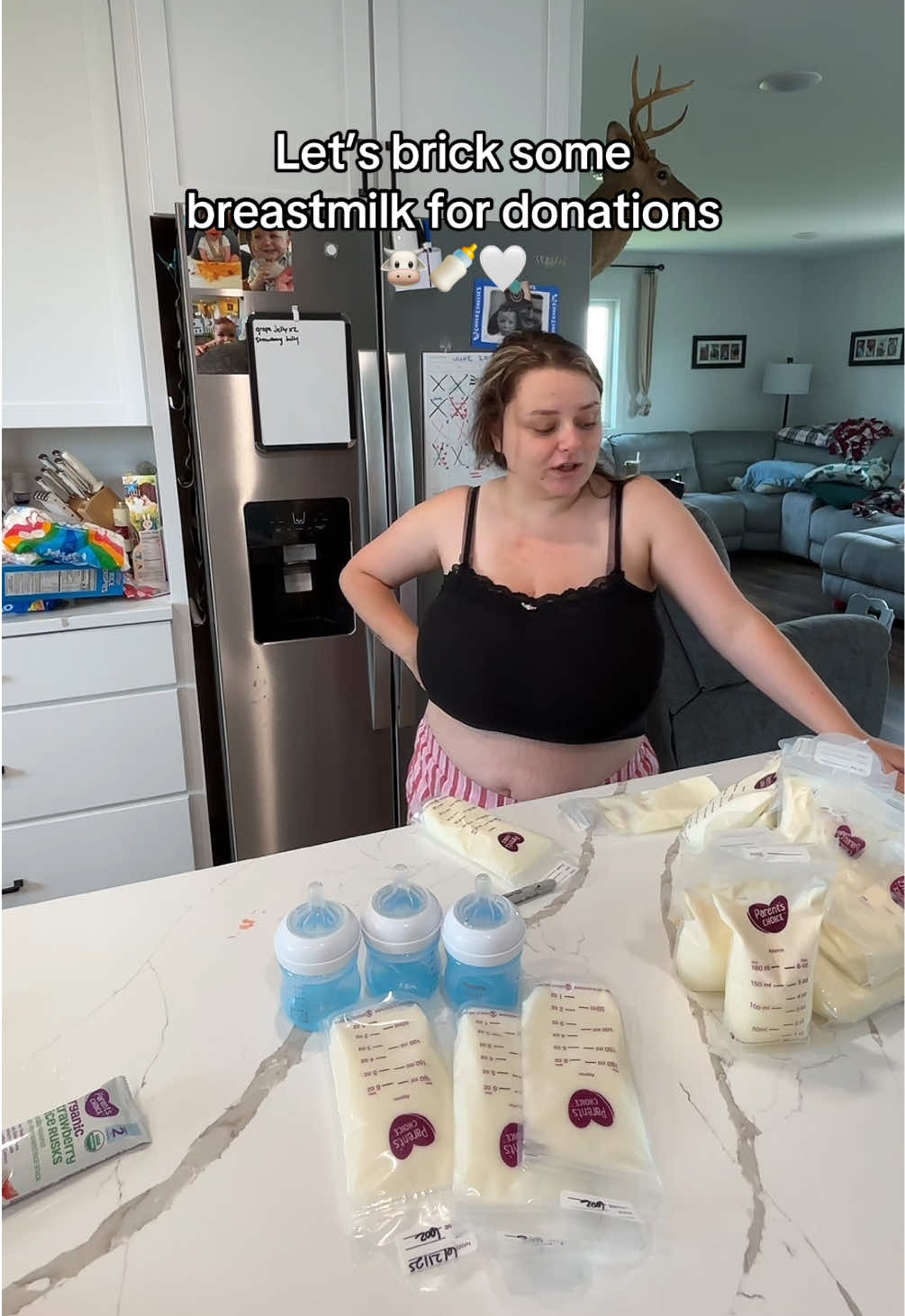 A post by @loreleiwilfong on TikTok caption: Let’s brick some breastmilk for donations! 🤍🍼🐮 #pumpingmom #fyp #oversupplier #mama #Lifestyle #postpartum #milksupply #breastmilk #breastfeedingjourney 