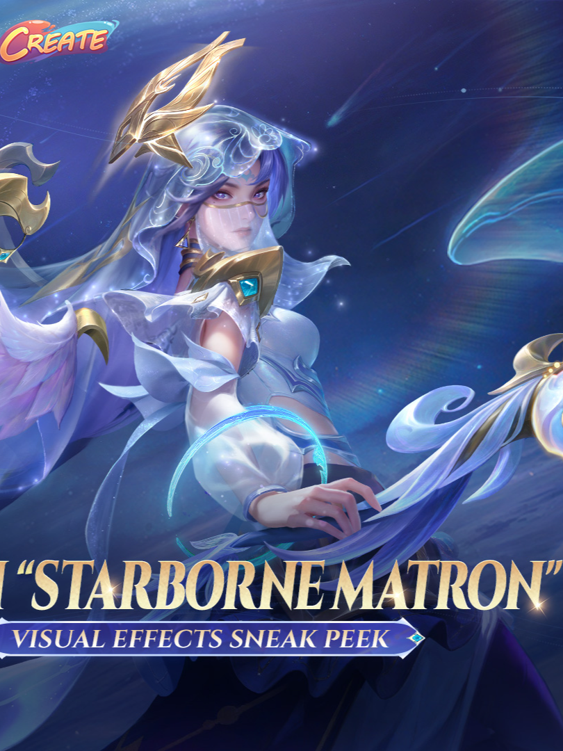 A post by @mlbbttofficial on TikTok caption: Luo Yi "Starborne Matron", the "Best Design" winner from the 5th Skin Design Contest created by player "Zyhamm", reveals its in-game effects! The skin design incorporates elements such as "whale" and "galactic starscape" as its main design elements. How will this skin perform on the battlefield? Tap the video to find out! #MobileLegendsBangBang #MLBBNewSkin #MLBBSkinDesignContest