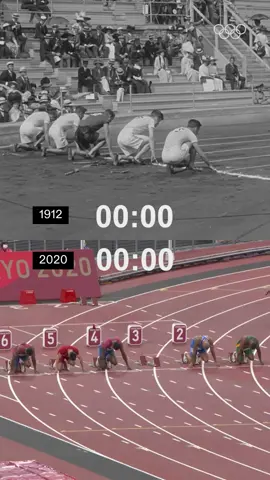 A post by @olympics on TikTok caption: The speed of the 100m sprint, from Stockholm 1912 to Tokyo 2020. ⏳✨ #Olympics #Athletics 