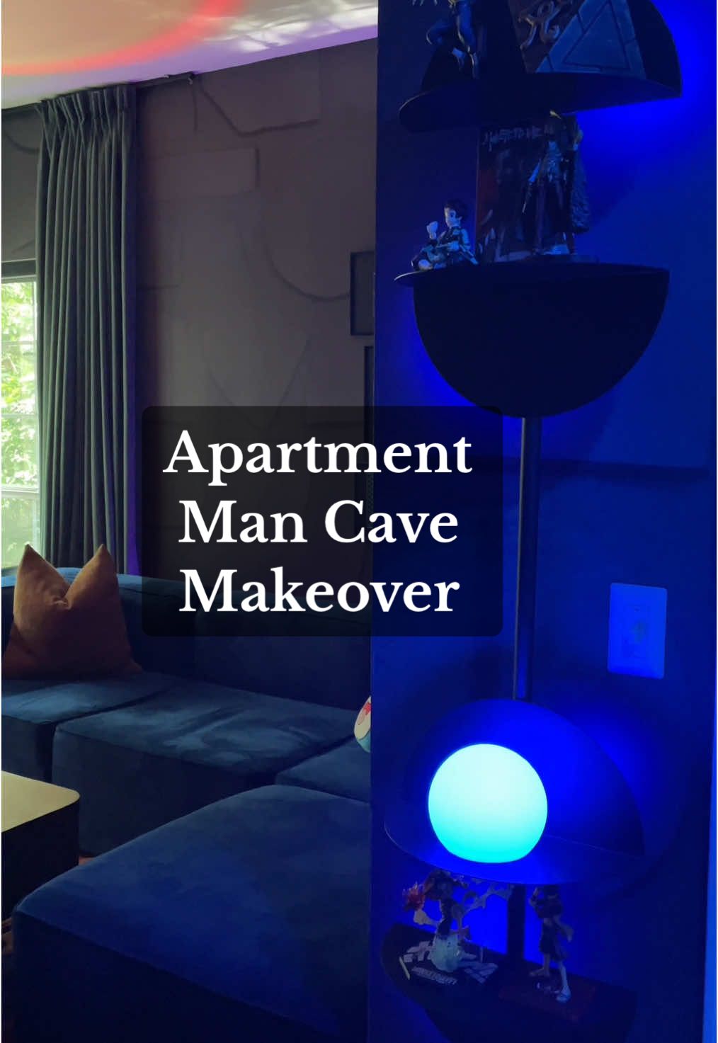 A post by @myuglyapartment on TikTok caption: Replying to @ItsCake This video is 43 seconds but this makeover took 8 months.  Videos like this can make us feel like we’re not doing enough it our own homes or like we should be doing it faster. Don’t let videos from strangers on the internet rush you through the process of creating a curated home.  Interior design takes time and money. Do what you can, with what you have, when you have the energy to do it.  Shop this makeover in my bio: http://bit.ly/3TqR1ZV Wallpaper: @Rebel Walls  Wallpaper Install: @Fine Cut Wallcovering  Other installs: @Taskrabbit  Sofa: @Joybird Furniture  Rug: @RugsUSA  Lift Top Coffee Table: @HERNEST  TV Cabinets: @Nathan James Home  Motorized Shades: @Tokblind  Curtains: @TWOPAGES  #ApartmentMakeover #Mancavedecor #apartmentdecor #joybirdsofa #apartmentinspo #cozyapartment #darkandmoodyinteriors #atlantainteriordesigner #masculineinteriors #apartmentdecorideas #masculinehomedecor #gallerywall #animedecor #animegallerywall #AnimeRoomDesign