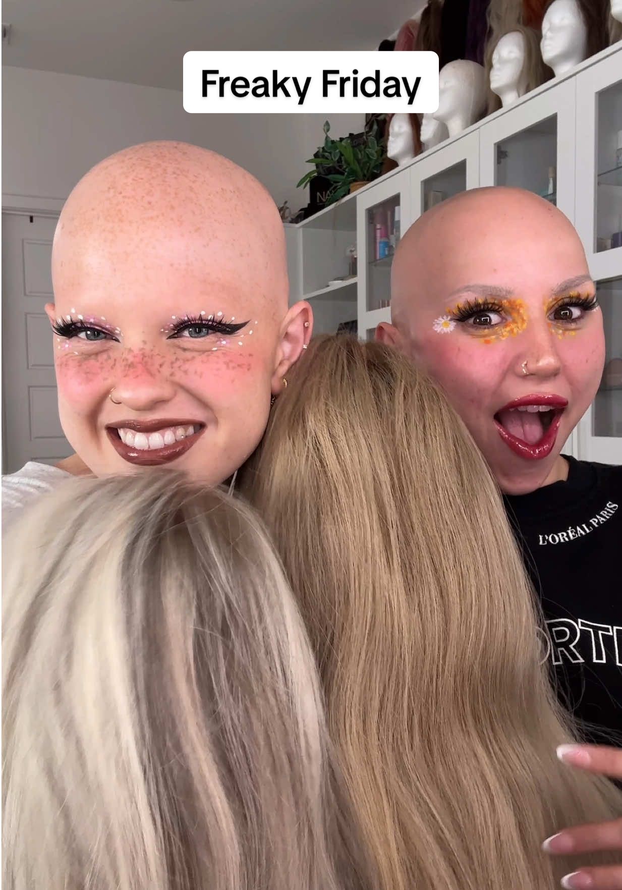 A post by @ on TikTok caption: We got the same brows HAHA no brows… HAPPY FREAKY FRIDAY Both of our wigs today are from @Jadora Secret 