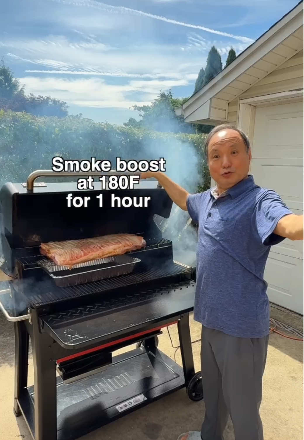 A post by @crazykoreancooking on TikTok caption: This was Dad’s first time smoking pork belly. In Korea, it’s very rare to own a grill because most people live in high rise buildings. He’s been loving his new American life and eating grilled meat is one of his favorite things here. Thanks to @Webergrills Searwood XL 600 Wood Pellet Grill, he thoroughly enjoyed the process which was taking a nap most of the time 😂. The grill controls the temperature automatically and he could change all the settings on his phone while on his backyard bed. The pork belly was delicious and smoky. Doenjang (Korean fermented soybean paste) added a hint of deep umami flavor which went so well with the cherry wood flavor. Kimchi and soybean sprouts cooked in the pork fat elevated the whole thing to heavenly realm. #Webergrills #weber #webersearwood #searwood #pelletgrill #pelletsmoker #bbq #grilling #griddle #koreanfood #koreanrecipe #porkbelly #ad #KerationHairDay 