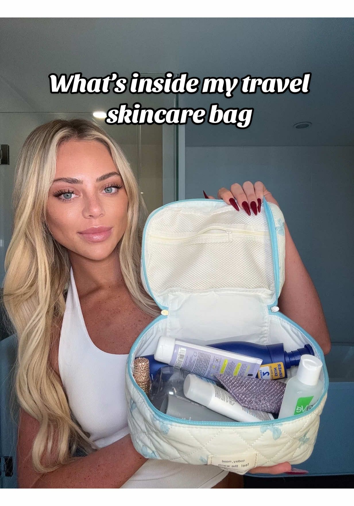 A post by @ on TikTok caption: Replying to @Mommyy.K  Everything inside my travel skincare bag 🤍  @NIVEA  @CeraVe  @Paula’s Choice  @GarnierUSA  @La Roche-Posay  @Olehenriksen  @Mario Badescu  @eos Products #SkinCare #travel 