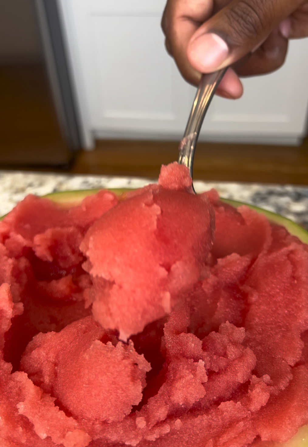 A post by @eatwitzo on TikTok caption: 3 Ingredient Watermelon Sorbet!  There’s nothing like cooling off in the summer with something refreshing! This watermelon sorbet is easy to make and will definitely be a crowd pleaser!  Full ingredient list:  Watermelon  Honey  Lemon/Lime juice #watermelon #sorbet #eatwitzo 