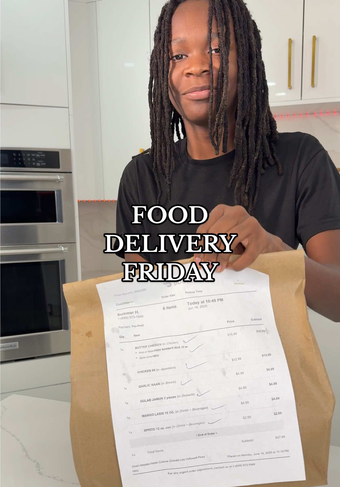A post by @summerreignhenning on TikTok caption: Food Delivery Friday featuring just Chamiere and his very large order 😂 **FYI: I know the number on the bag is showing. That’s not my real phone number**