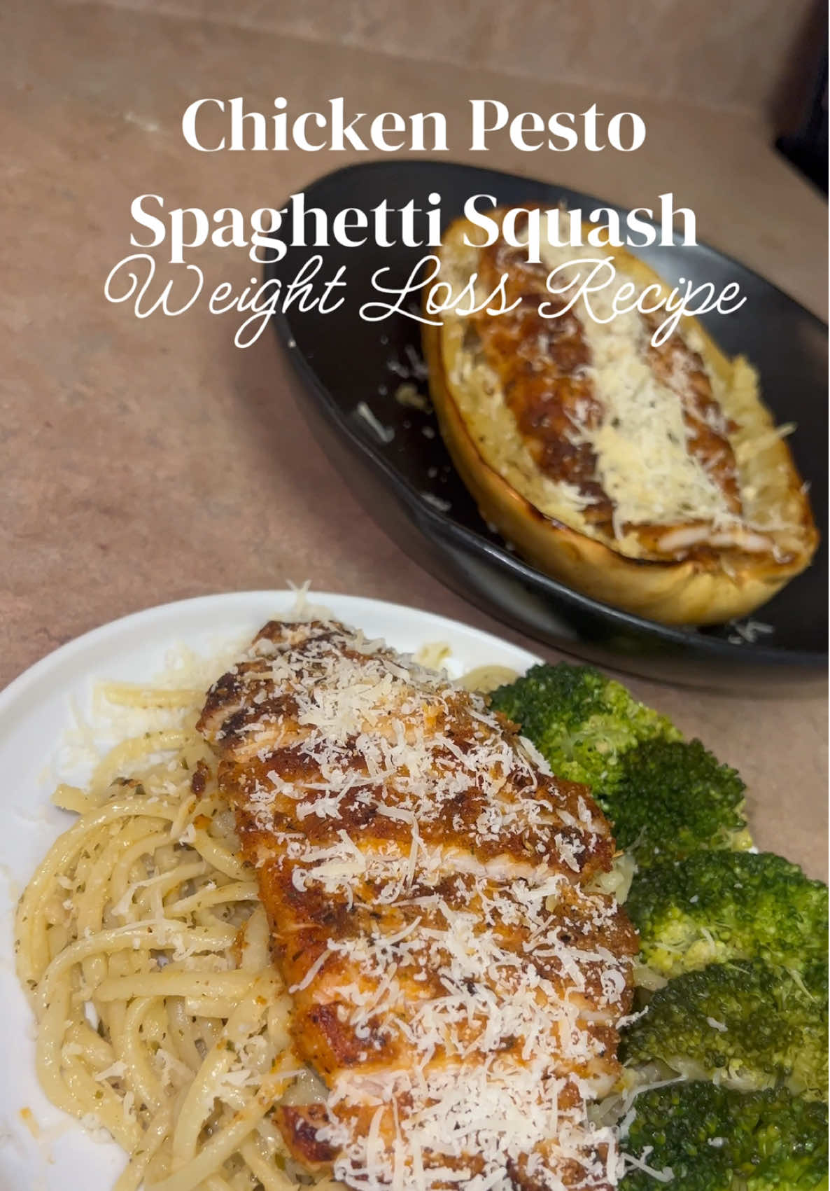 A post by @mishlovee on TikTok caption: Chicken Pesto Spaghetti Squash for Weight Loss 😋 Ingredients:  -Spaghetti squash -Chicken breast -Classico Traditional Basil Pesto  -Heavy whipping cream -Butter & Avocado oil -Garlic -Pasta water -Parmesan cheese  -Fettuccine  -McCormick garlic and herb seasoning, garlic powder, onion powder, smoked paprika, salt, pepper and cornstarch How to make spaghetti squash: -Cut spaghetti squash in half -Scoop out the seeds -Drizzle with avocado oil -Sprinkle with salt & pepper -Massage oil and seasonings into the squash -Place cut-side down on a baking sheet -Roast at 400°F for 40 minutes -Scrape with a fork to get spaghetti-like strands Enjoy 🥂 Find more recipes in My Weight Loss CookBook 📚 Www.bodybymish.com #weightlossjourney #weightlosstransformation #weightlossinspiration #weightloss #weightlosstips #reels  #workoutmotivation #workoutRoutine #gettingfit #BeginnerWorkOut #youtube #recipes #weightlossrecipes #WeightLossJourney #HealthyRecipes #ProteinAndFiber #SustainableEating #HealthyLiving #CookbookRelease #LoseWeight #Spaghettisquash