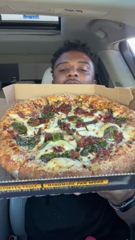 A post by @shawnfoodreviews7 on TikTok caption: @Domino’s Stuff Crust Pizza Mukbang 🫠 #dominospizza #pizzalovers #pizzareview #stuffedcrust #foodtok #tiktokeats #pizzatime #foodreview #Foodie #tiktokfoodies #fypシ゚viral 