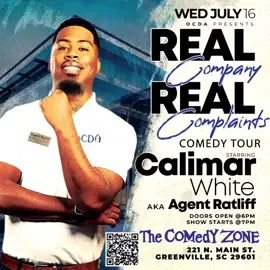 A post by @calimar_whit3 on TikTok caption: Greenville,SC 📍 just a few days away and I can’t wait! Go file yall complaints and get your tickets to come see Agent Ratliff perform LIVE this WEDNESDAY‼️ at the Comedy Zone FEW TICKETS LEFT CLICK LINK IN BIO #fyp #foryou #foryoupage #viral 