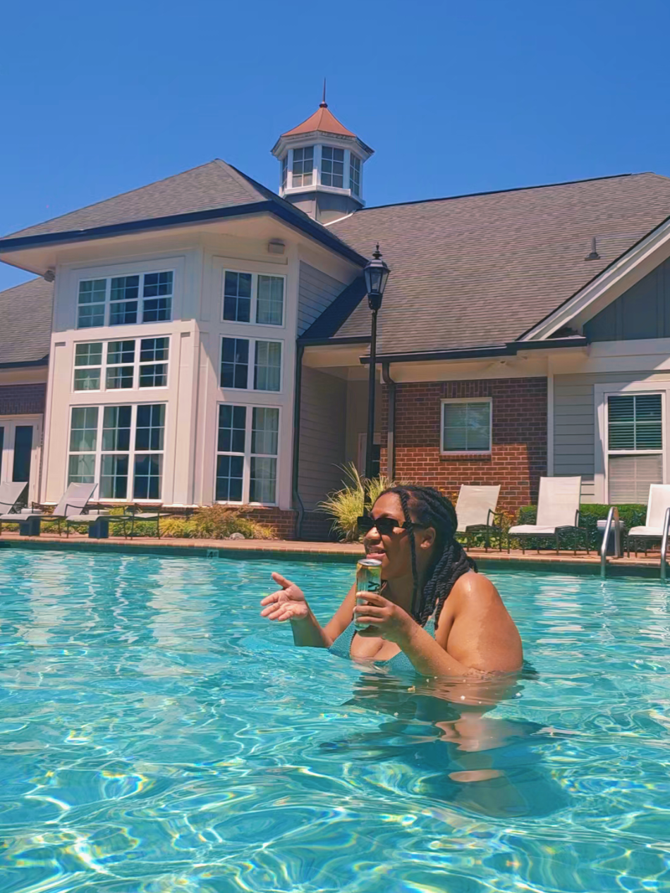A post by @shantons7 on TikTok caption: A necessity during the summer time, don't forget about splashing the bugs 🤣 #yap #summertime #pool #BestFriends #yapsession 