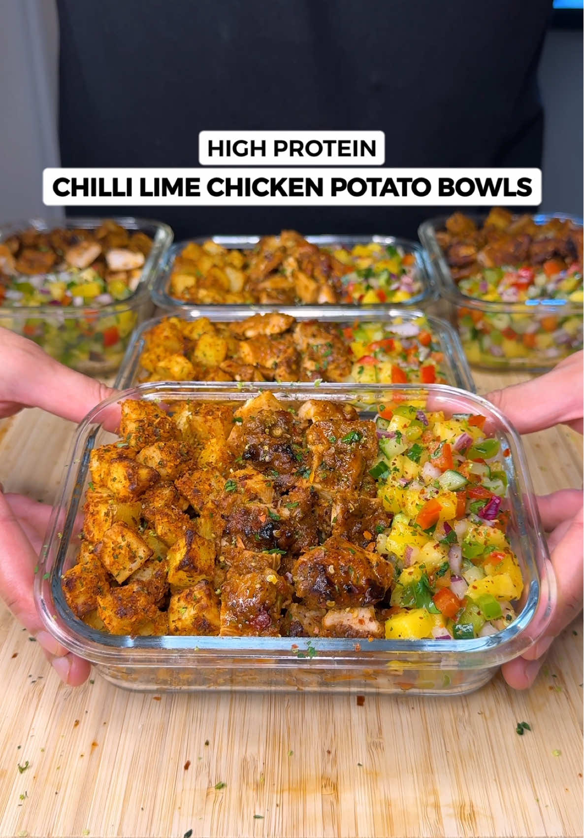 A post by @jalalsamfit on TikTok caption: High Protein Chilli Lime Chicken Potato Bowls🍗🍋‍🟩🍟🥭 Incredibly delicious, vibrant flavours, easy and simple with great macros. A game changer to meal prep for the week! Macros Per Serving (5 Total) 551 Calories | 46g Protein | 53g Carbs | 17g Fat Ingredients (Makes 5) Chilli Lime Chicken Marinade - 1000g Raw Boneless Skinless Chicken Thighs - 1 Tsp Salt - 1.5 Tsp Black Pepper - 30g Minced Garlic - 1.5 Tsp Chilli Flakes - 2 Tsp Smoked Paprika - 20g Honey - Lots of Lime Zest - Juice of 1 Lime - 20g Light Soy Sauce * Marinate for as long as you can * Spread evenly on a lined sheet pan, make sure it fills the pan well * Oven bake or air fry for 20-22 mins at 200C / 400F Coconut Crusted Crispy Potatoes - 1000g Raw Potatoes, cubed - 1 Tsp Black Pepper - 1.5 Tsp Smoked Paprika - 1 Tsp Cumin - 1.5 Tsp Parsley - 2 Tsp Garlic Powder - 25-30g Shredded Coconut  - 3 Tsp Olive Oil * Oven bake or air fry for 20-24 mins at 200C / 400F till golden brown and crispy Ahi Verde Creamy Sauce - 150g Greek Yogurt - 50g Light Mayo - 10g Honey - 1 Green Chilli, de seeded - Big Handful Coriander/Cilantro - Pinch of Salt & Pepper Fresh Mango Salsa - 200g Cucumber, de seeded chopped  - 150g Red Onion, finely chopped - 200g Ripe Mango, chopped - 150g Red & Green Bell Peppers, finely chopped - 1 Tbsp Fresh Coriander/Cilantro, finely chopped . . . . #chickenrecipes #chicken #chililime #mealprep #healthyrecipes #highprotein #macrofriendly #weightloss #mangosalsa #mango #potatoes #potato #EasyRecipes #lowcalorie #mealprepideas #fitness 