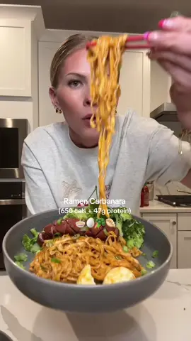 A post by @smallersam_pcos on TikTok caption: My version of ramen carbonara🍜 make it low cal, high protein, but just as simple as the viral recipes. 🧀 (650 cals + 47g protein/bowl) I’m making 2 servings in this video**  #ramen #healthy #recipe #easyrecipe #mealprep 