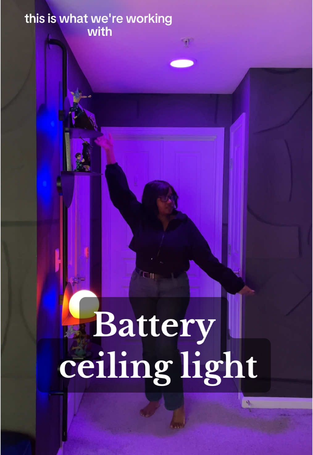 A post by @myuglyapartment on TikTok caption: I recommend using this in a small space like a pantry or linen closet. Keep it on the motion censor setting so the battery lasts longer. I charge this once a month. Shop this whole room in my bio: http://bit.ly/3TqR1ZV #BatteryCeilingLight #Rechargeablelight #AmazonFind #AmazonLighting #MotionCensorLights #ColorChangingLight #ApartmentDecor #Ideasforapartmentdecor