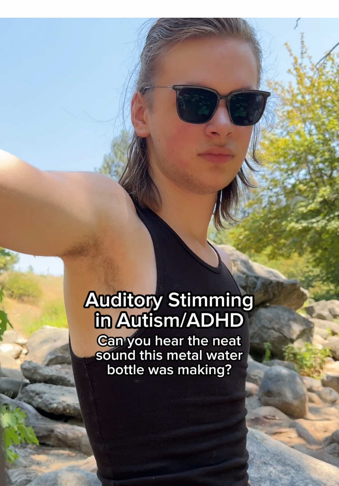 A post by @toren_wolf on TikTok caption: This went on for quite a while at the river yesterday.😁💜 Can you hear it over the sound of the river? Auditory stimming is a self soothing behavior. It can be repetitive vocalizations, or engaging with certain sounds repeatedly. It can be very calming for people with autism or ADHD. 😊❤️ Even listening to the same song over and over can be considered auditory stimming! Do you do this?💜💜💜   #adhd #autism #stimming #waterbottle 