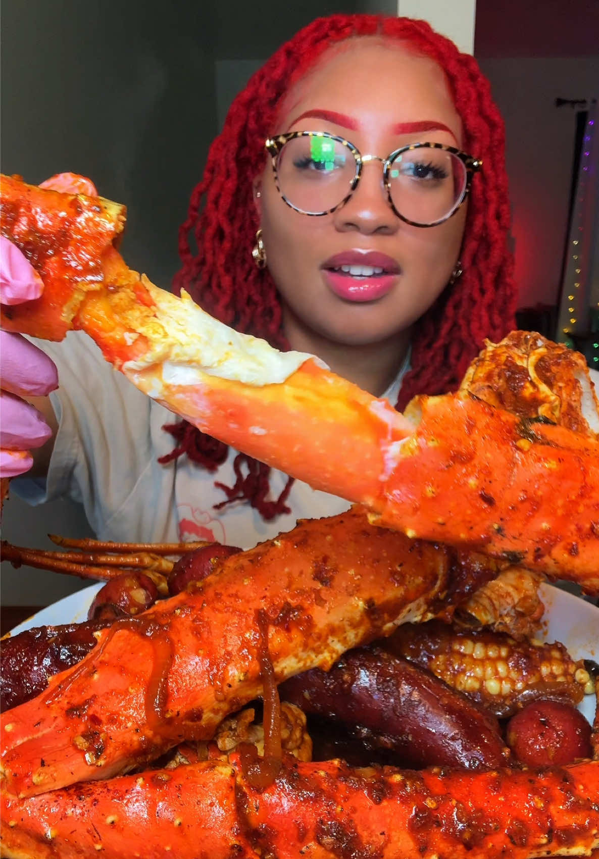 A post by @kie_eats on TikTok caption: #creatorsearchinsights Made a seafood boil with king crab, 🦀 snow crab, potatoes, sausage, and corn. #asmr #seafood #seafoodboil #kingcrab #shrimp #snowcrab #mukbang #fyp #fypシ seafood boil mukbangs 