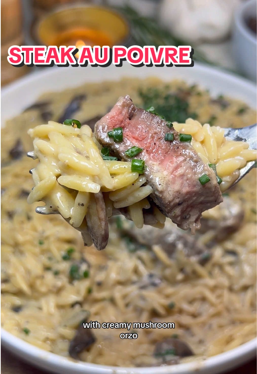 A post by @heresyourbite on TikTok caption: Steak au Poivre with Creamy Mushroom Orzo 🤩 Ingredients below — full recipe in my bio! For the steak: 1 ribeye steak (@Wagyuwala) Kosher salt Coarsely ground black pepper Olive or neutral oil 2–3 tbsp unsalted butter 3 garlic cloves, smashed Few sprigs thyme and rosemary For the orzo: 8 oz cremini mushrooms, sliced 1 shallot, finely diced 2 garlic cloves, grated or minced 1 1/2 cups dry orzo Salt and black pepper 1/4 cup white wine 2 1/2 cups beef broth (plus more if needed to loosen) 1 tbsp butter 1 cup freshly grated Parmesan 1/4 – 1/2 cup crème fraîche (can sub cream) 1 tsp Dijon mustard 1 splash Worcestershire sauce Chopped chives, to garnish For the au poivre drizzle: 2 tbsp unsalted butter 1/2 small shallot, finely diced (optional) 2 tsp coarsely ground black pepper Splash of white wine 1/4 cup beef broth 1/4 cup heavy cream 1 tsp Dijon mustard #steakaupoivre #aupoivre #steak #ribeye #wagyu #wagyubeef #orzo #mushroom #mushroomorzo #onepot #onepan #dinner #datenight #steakdinner #cooking101 