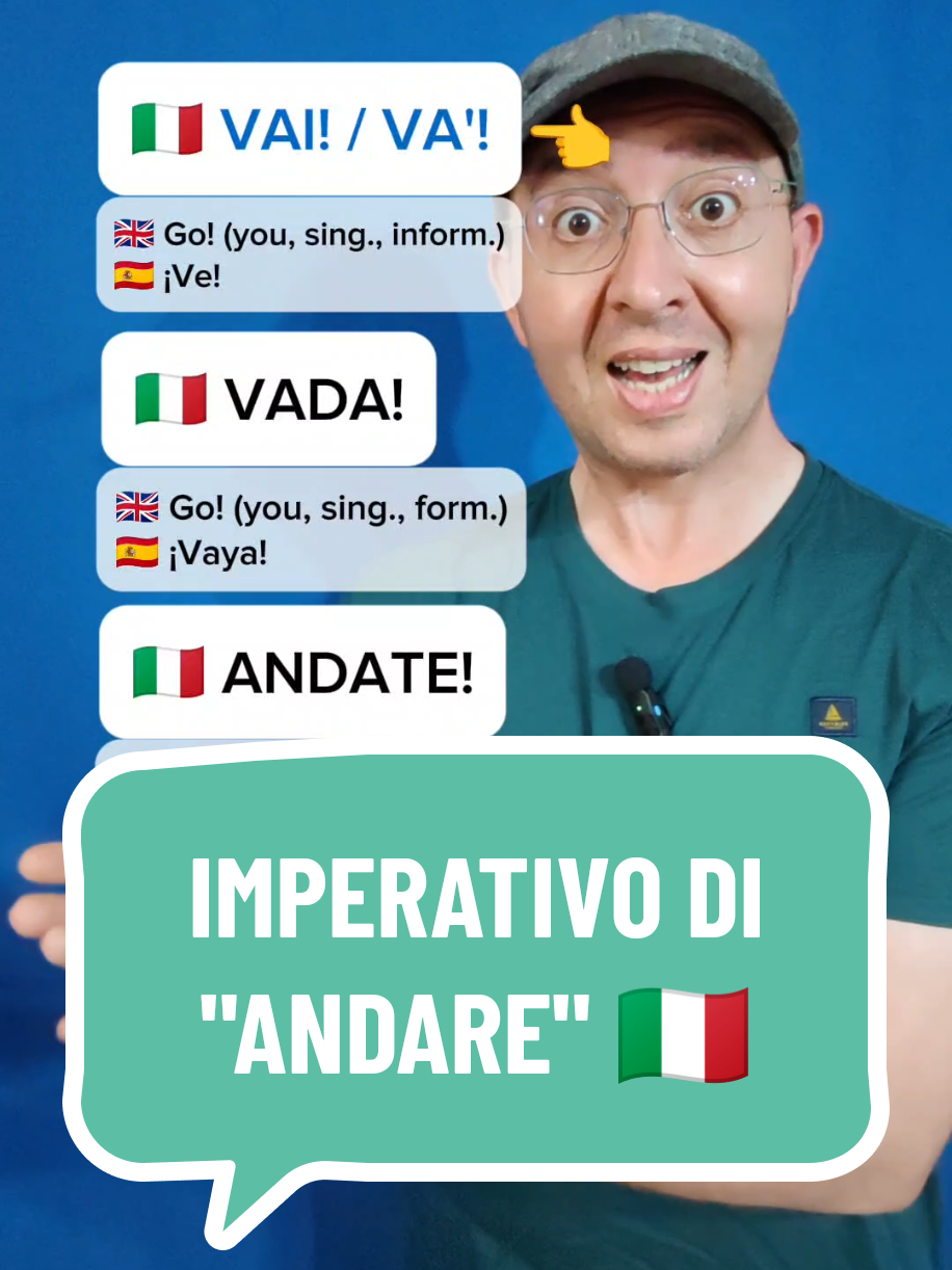 A post by @funandeasyitalian on TikTok caption: 🔴IMPERATIVO DI "ANDARE" 🇮🇹 1️⃣VAI! - VA'!  🇬🇧Go! (you, singular, informal) 🇪🇸¡Ve! 2️⃣VADA!  🇬🇧Go! (you, singular, formal) 🇪🇸¡Vaya!  3️⃣ANDATE!  🇬🇧Go! (you, plural, informal/formal) 🇪🇸¡Id! - ¡Vayan! 4️⃣ANDIAMO!  🇬🇧Let's go!  🇪🇸¡Vamos!  Un abbraccio! 🤗 Marco #learnitalian #aprenderitaliano #lezioniditaliano #italianlessons #aulasdeitaliano #italianteacher #clasesdeitaliano #funandeasyitalian #italianimperative #imperativoitaliano