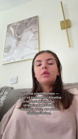 A post by @elenabuzaru on TikTok caption: #Nu vă mai vopsiți, fetelor — faceți-vă tratamente! Keratina și botoxul de păr aduc strălucirea adevărată. Culoarea trece, dar părul sănătos rămâne.