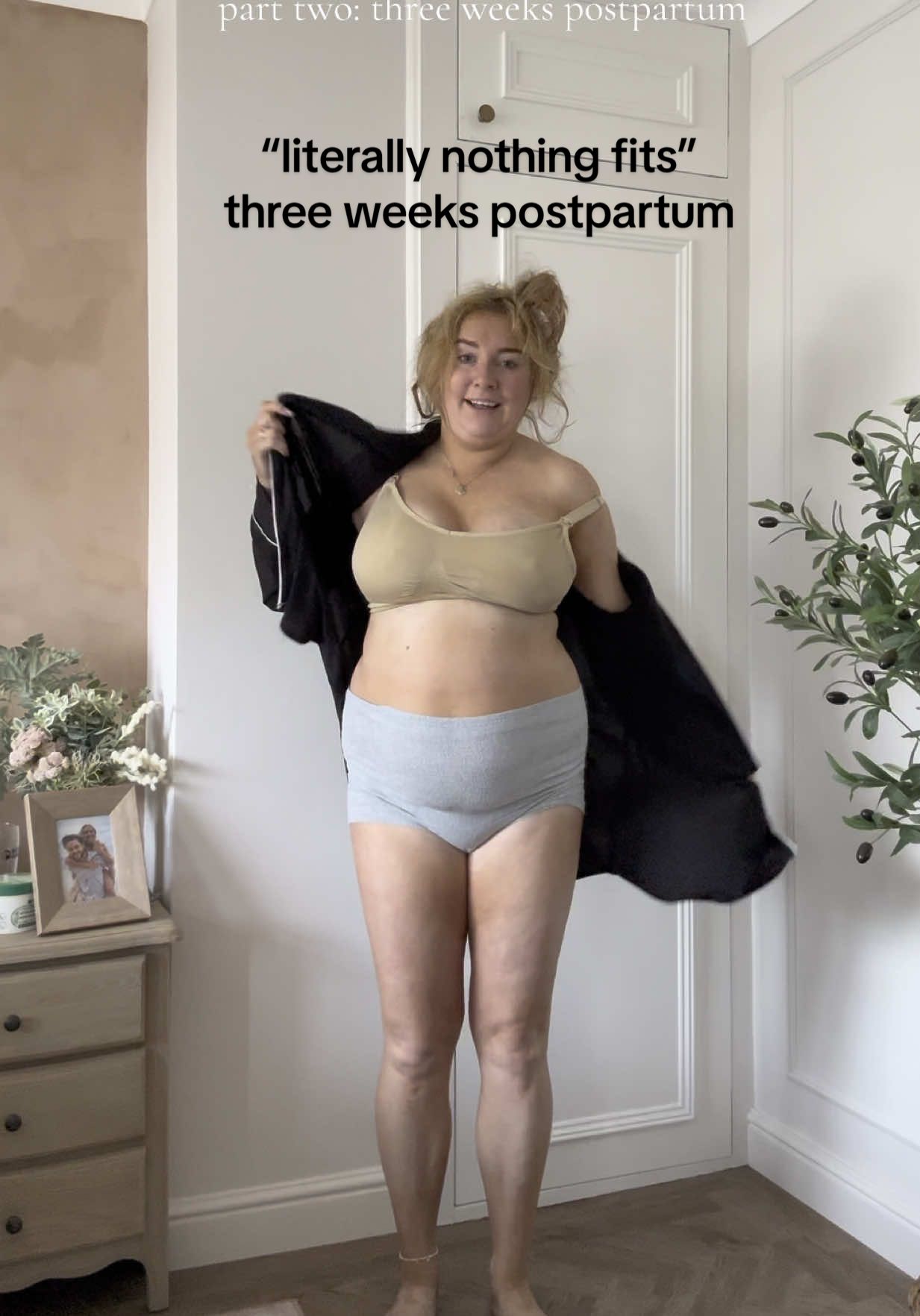 A post by @lottiedrynan on TikTok caption: in that “I know my body has worked absolute miracles so I need to do my best to lean into all the changes that come with that”, but also “this is a logistical nightmare as even my stretchiest PJs don’t fit right now and I really need to leave the house at some point but do I really wanna be buying a new wardrobe to do so?” stage 😂 Which tbh is why I owe my entire life to whoever made ‘outside pyjamas’ the trend of this summer. Three weeks postpartum and oversized shirts and baggy trousers/shorts are my lifeline 💃