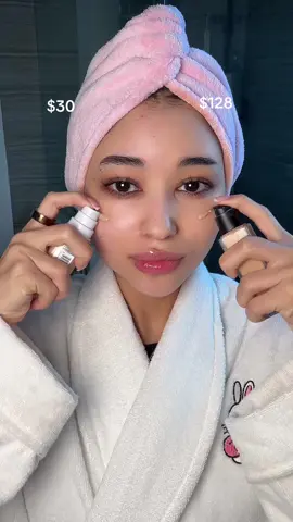A post by @by.imanx on TikTok caption: Can you tell the difference? ✨ #makeup  Products used on $128 side: @DanessaMyricksBeauty yummy skin blurring balm powder  @NARS Cosmetics natural radiant longwear foundation  @Hourglass Cosmetics vanish concealer  Products used on $30 side: @Milani Cosmetics conceal + perfect blur out smoothing primer @L’Oréal Paris true match foundation  @Maybelline NY fit me concealer 
