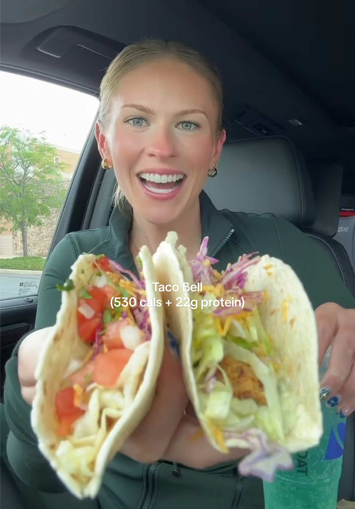 A post by @smallersam_pcos on TikTok caption: NEW Taco Bell order 🌮 (530 cals + 22g protein) These are my favorite of the ‘chicken wraps’ so far, but there’s still not enough chicken!! Here’s how to order: 1 ranchero crispy chicken taco + 1 avocado ranch crispy chicken taco.  -Baja Blast Zero is 15 cals/Large-  #tacobell #chicken #taco #fastfood #hack #beforeandafter #lunch #pcos #new