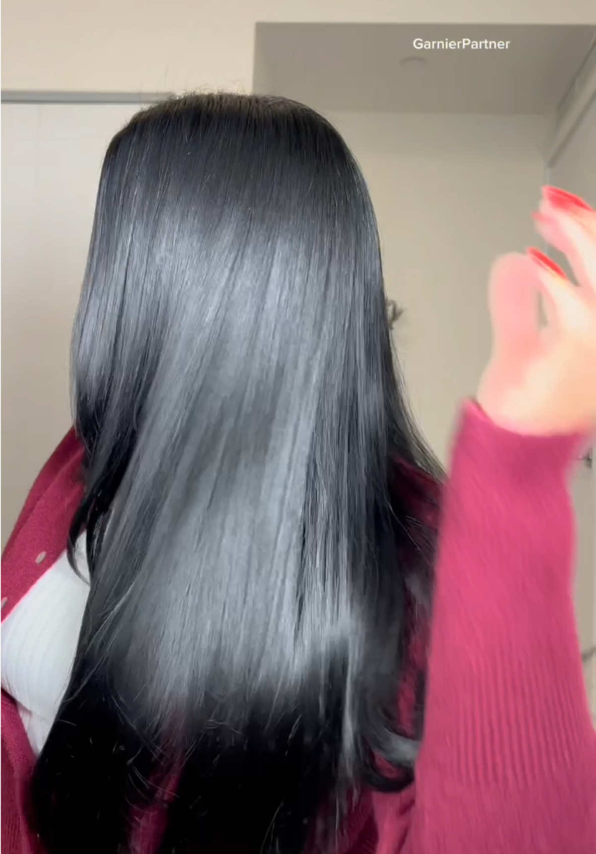 A post by @ on TikTok caption: @GarnierUSA olia 1.0 = instant baddie energy 🖤✨ #GarnierPartner #BlackHair #Myoneandolia #hairtok #GarnierHairColor @CVS Pharmacy 