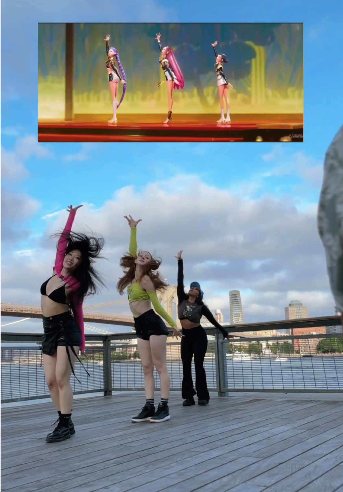 A post by @melissabecraft on TikTok caption: Replying to @Daniela Rochez, MS BEHIND THE SCENES filming Golden in public! My Rumi @Hayoung and My Zoey @Chelsea_Parron  #kpopdemonhunters #kpop #golden #dancecover 