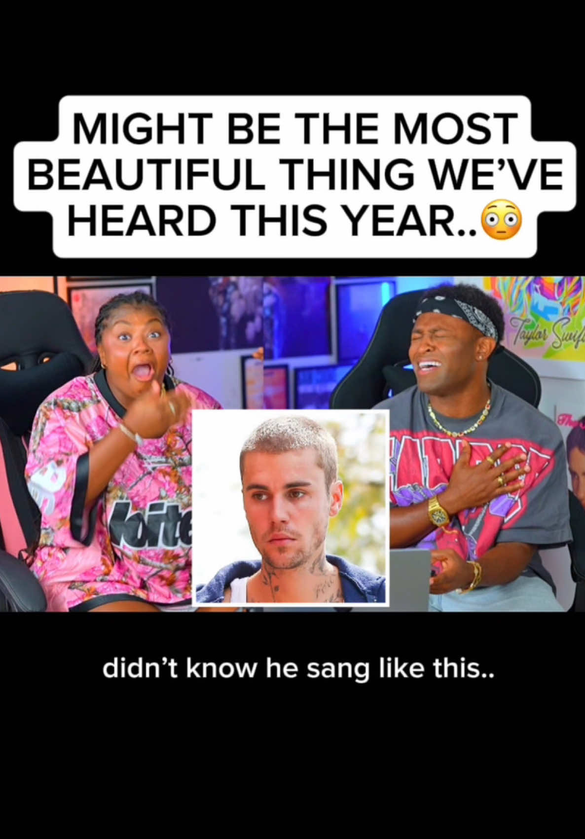 A post by @terryandkaniyia on TikTok caption: HE’S BACKK..🔥 @Justin Bieber just reacted to half of the album on Patreon‼️ we love it🙌🏽 this boy can SANG! Edited by @Aaron Johnson 🎥 ‼️ #swag #justinbieber #haleybieber #daisies #gobaby #yukon #thingsyoudo #album #reaction #rnb #oldschool #boyz2men #singing #terryandkaniyia  