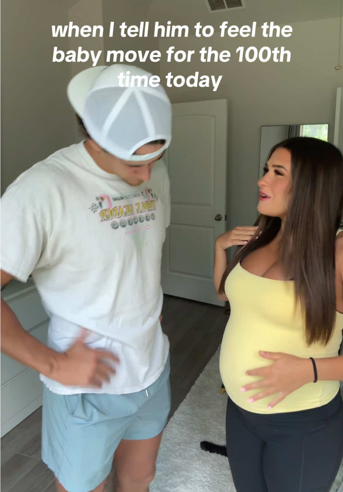 A post by @camryncordova on TikTok caption: I need him to be excited all 100 times 🙄😂 #pregnanttiktok #3rdtrimester #fyp #momtok #parentsoftiktok #baby 