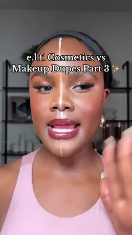 A post by @alejayofficial on TikTok caption: Replying to @💎🌻👑 Anntonette 💎🌻👑 Part 3 of elf cosmetics vs the original product 😊✨ Which side you like most? #beauty #makeup #makeupchallenge #elfcosmetics #alejaychallenge #fyp 