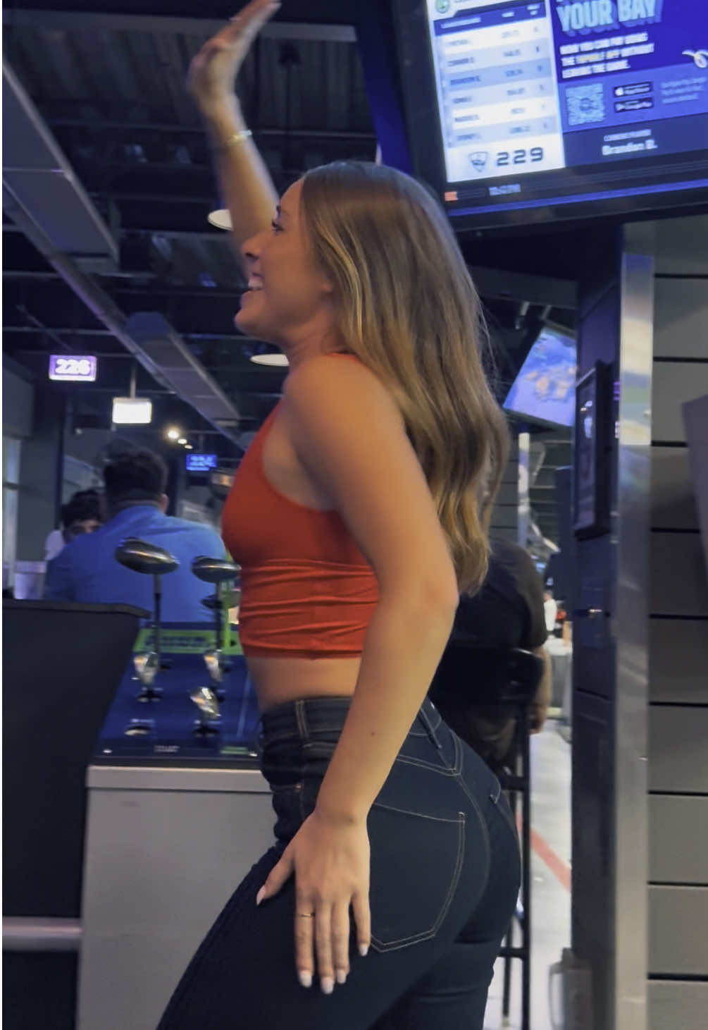 A post by @thisissydneylint on TikTok caption: When you think the high score is good 😬 #lol #yikes #oops #golf #topgolf  