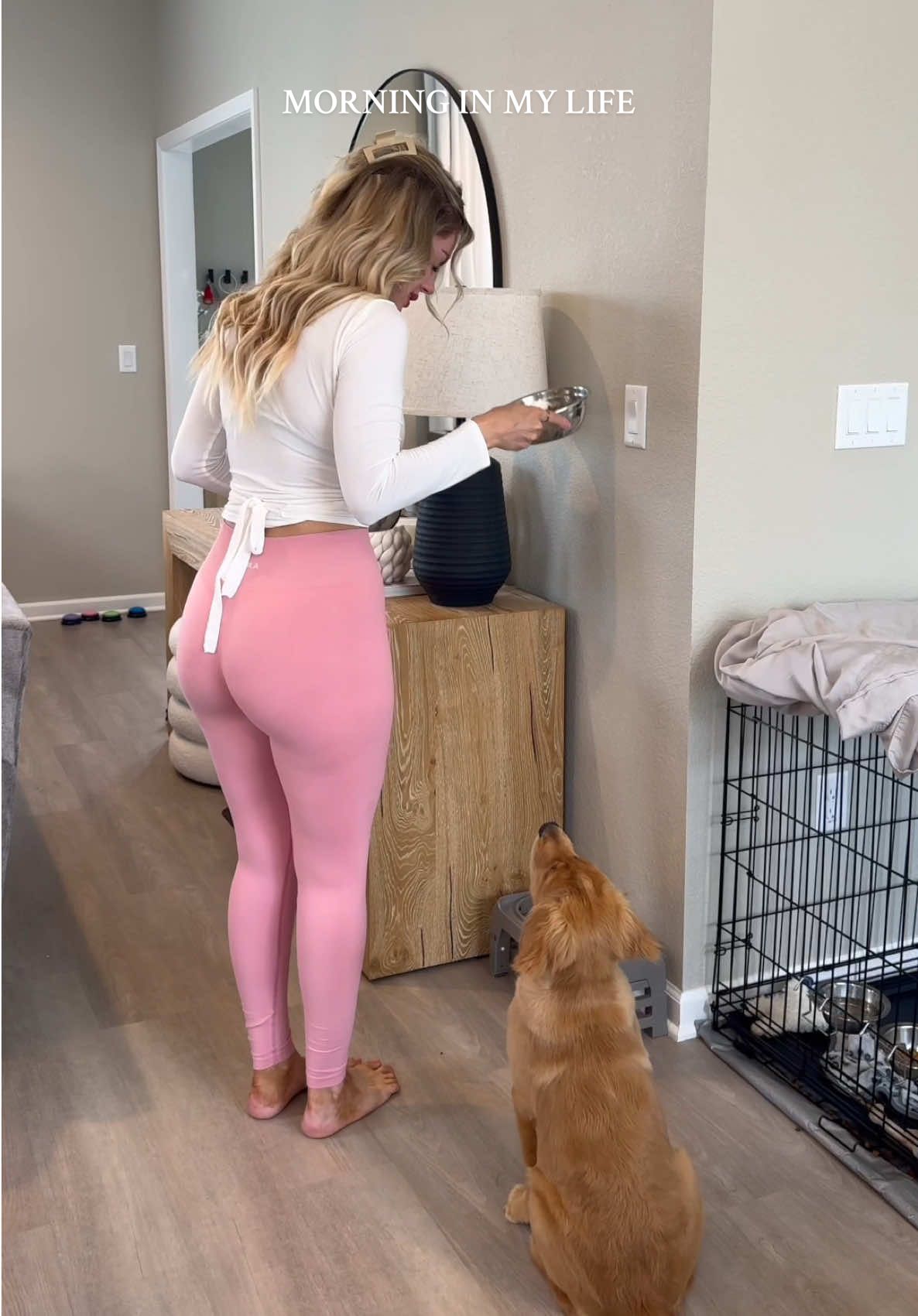 A post by @melissa_fakler on TikTok caption: Just a typical morning in my life ☀️☕️ #morningroutine #dayinmylife #Home #momlife #morningvlog #asmr #goldenretriever 
