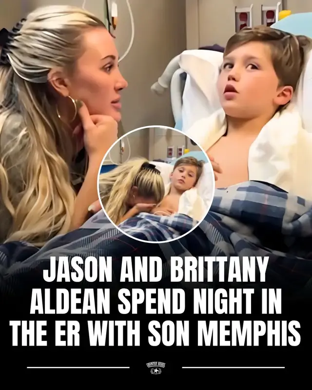 A post by @countryrebel on TikTok caption: Jason Aldean and his wife, Brittany, recently shared on Instagram that they had to spend the night in the ER with their son, Memphis. The 7-year-old gave his parents quite the scare. Find out what brought on his ER trip at the link in our bio.