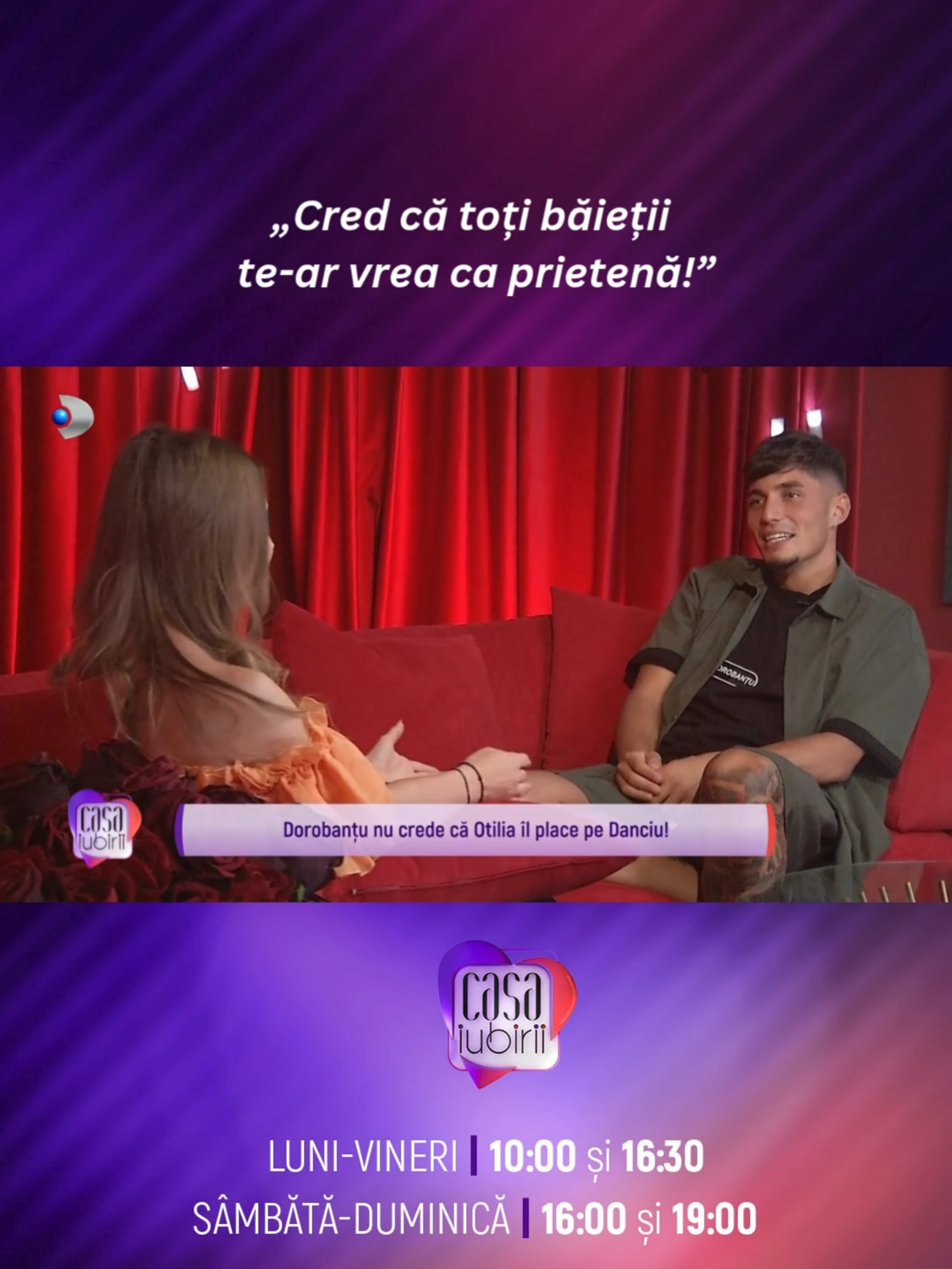 A post by @casaiubirii.kanaldro on TikTok caption: Dorobanțu e curios să afle părerea Veronicăi - „Cine crezi că mă place din casă?”. Ea nu ezită să dea un răspuns: „Dacă mă ridic eu și o punem pe Gabriela acolo, ai o canapea numai pentru tine”. 🤭💣 #showbiz #casaiubirii #kanaldromania
