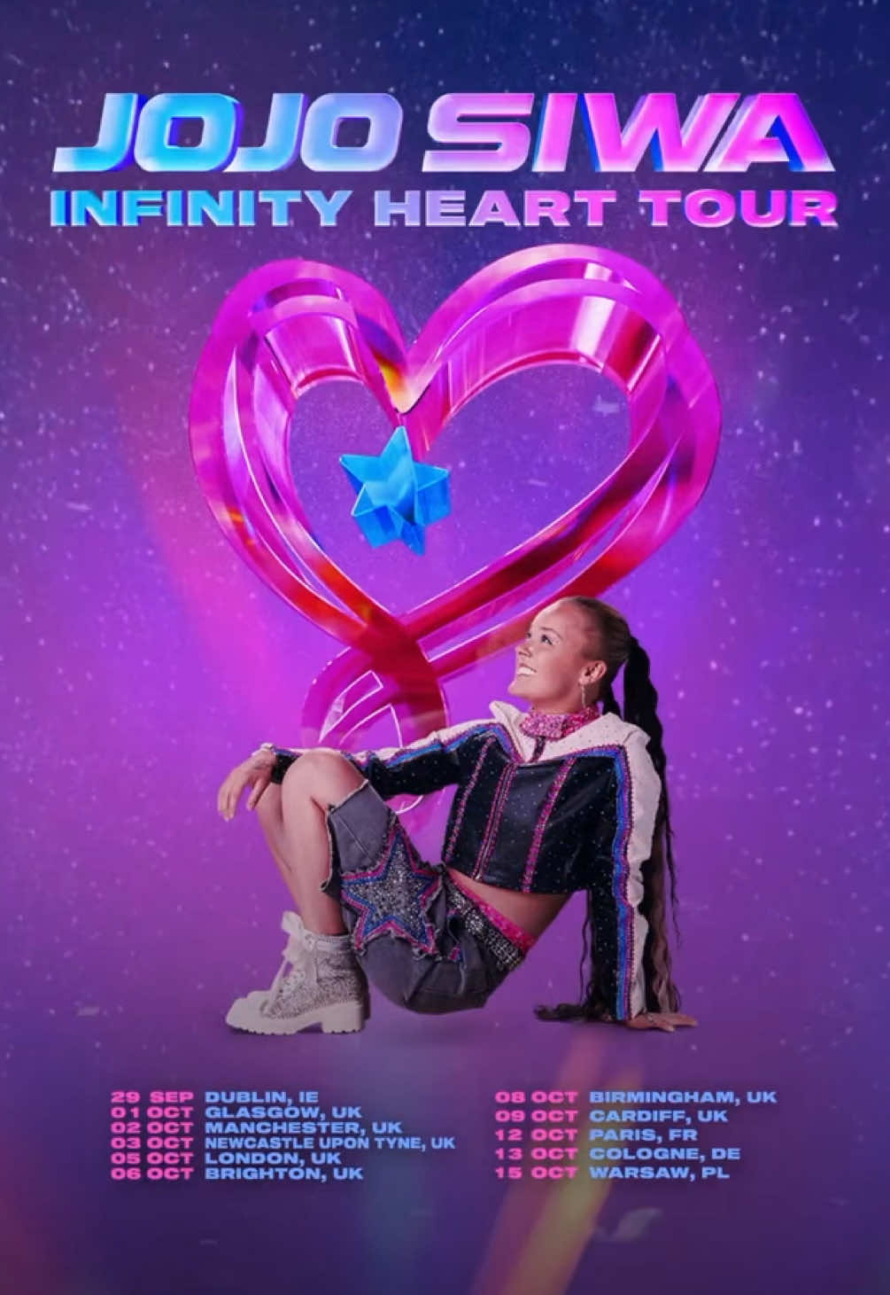 A post by @ on TikTok caption: 🩷My INFINITY HEART TOUR is coming to EUROPE!💙 The love and kindness you all have shown me means the world to me and I can’t wait to start my Infinity Heart Tour with you!  It’s all of your favorite JoJo songs that you know and love plus, new music that I can’t wait for you all to hear!  Let’s make tons of unforgettable memories singing and dancing together!  See you soon! 💙 Ticket link in bio! 🩷My email club pre-sale is Friday at 10am/BST- link in bio to join! 💙Local pre-sale is Friday and 12pm/BST  🩷General on sale is Monday 10am/local