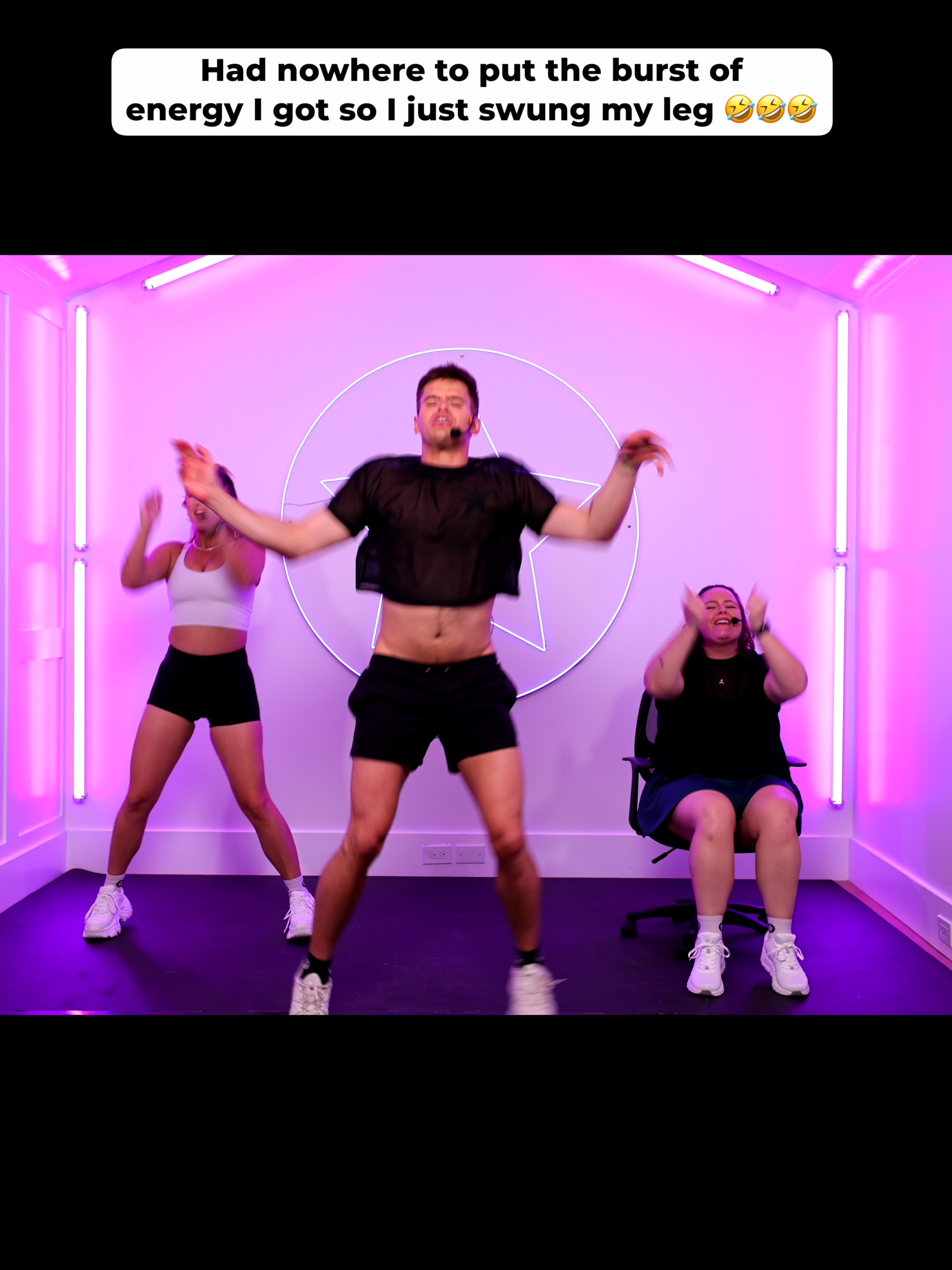 A post by @thefitnessmarshall on TikTok caption: this is the part when i swing my leg back and forth @adflorea @haleyjordan12  Clip from Booty Army 7/14/2025 Sweat Session