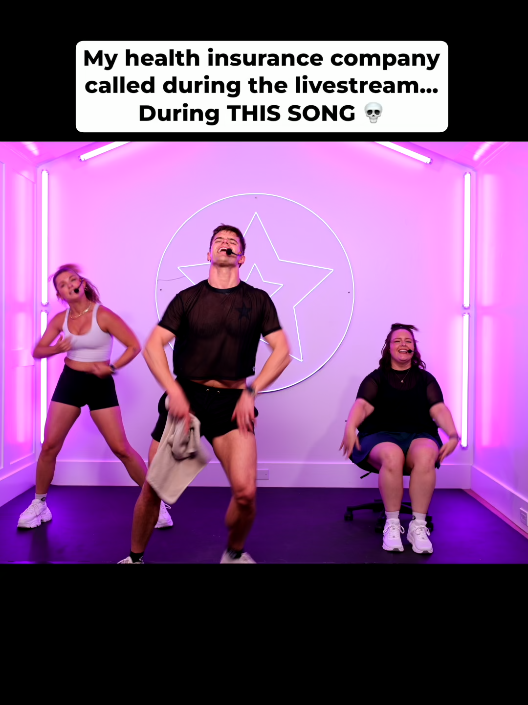 A post by @thefitnessmarshall on TikTok caption: the song is literally "dont call me up" @adflorea @haleyjordan12  Clip from Booty Army 7/14/2025 Sweat Session