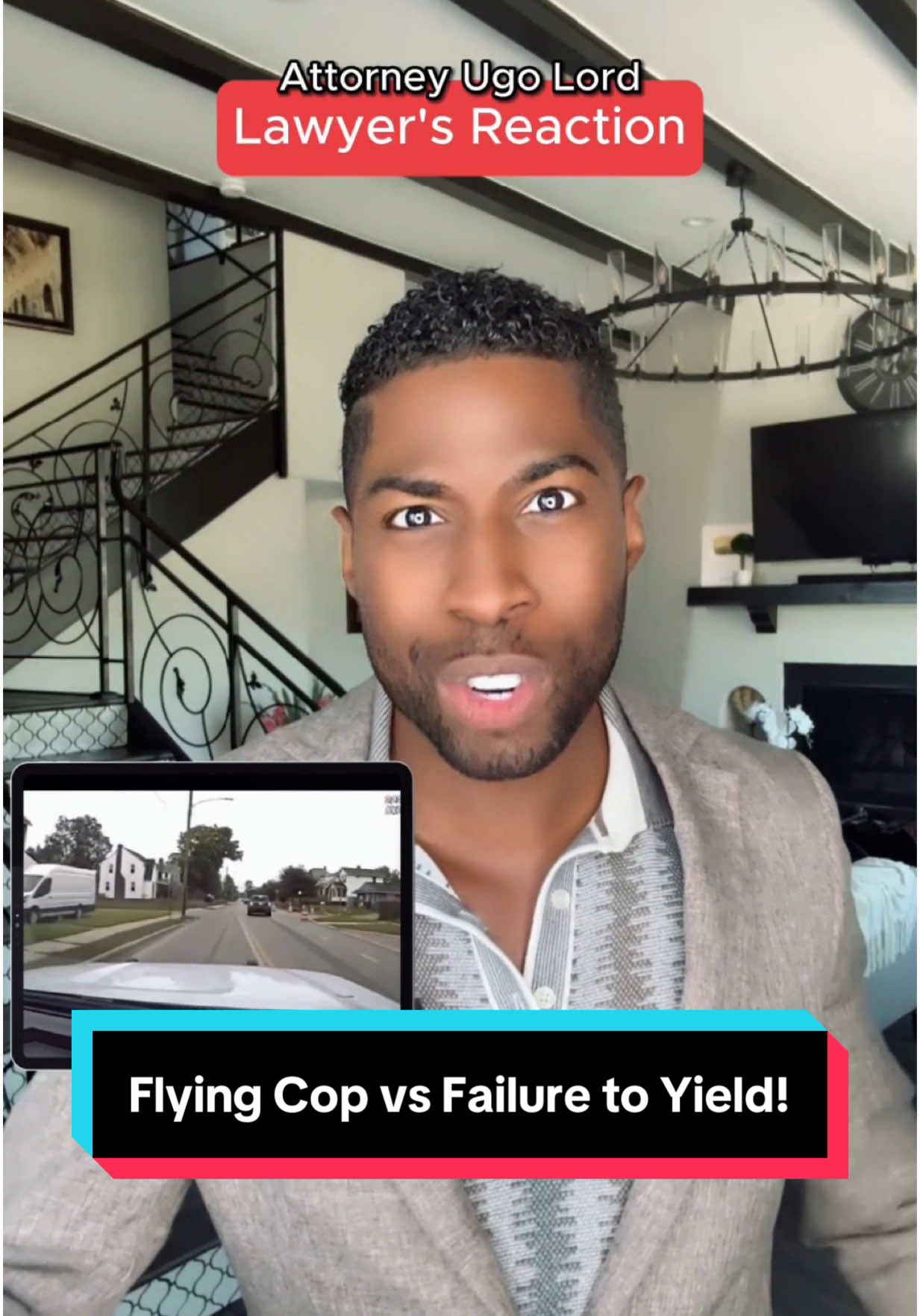 A post by @ugolord on TikTok caption: Emergency #Police Car Slams Into Left-Turning Driver Who Fails To Yield—Is It the Civilian’s Fault? Who’s Liable? Attorney #UgoLord reacts! #lawyer #TikTokPartner #TikTokLearningCampaign #cop 