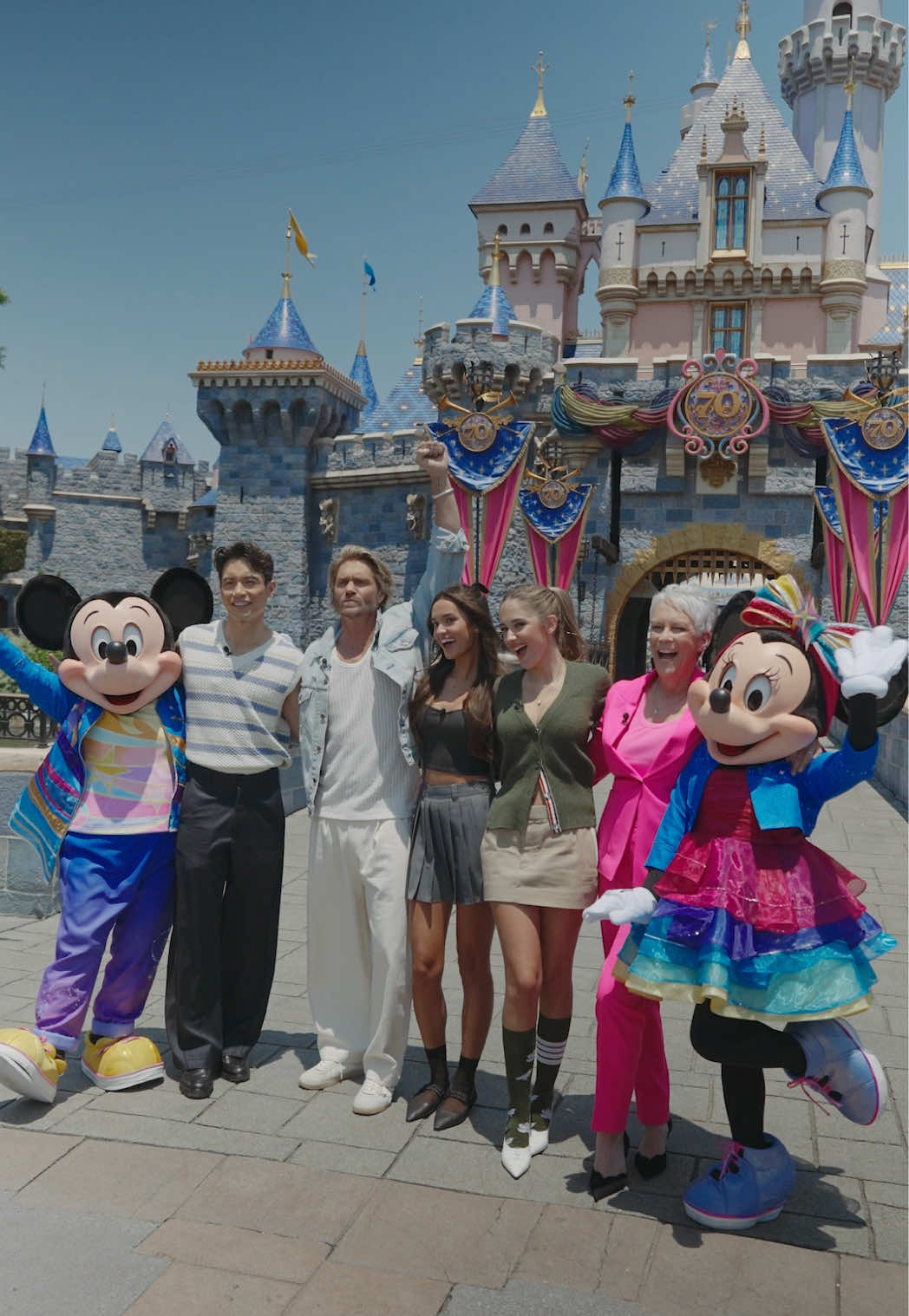A post by @jamieleecurtis on TikTok caption: HAPPY 70TH ANNIVERSARY, DISNEYLAND! No better way to celebrate than with PINK SLIP and my #FreakierFriday family #ChadMichaelMurray #JuliaButters #SophiaHammons #MannyJacinto