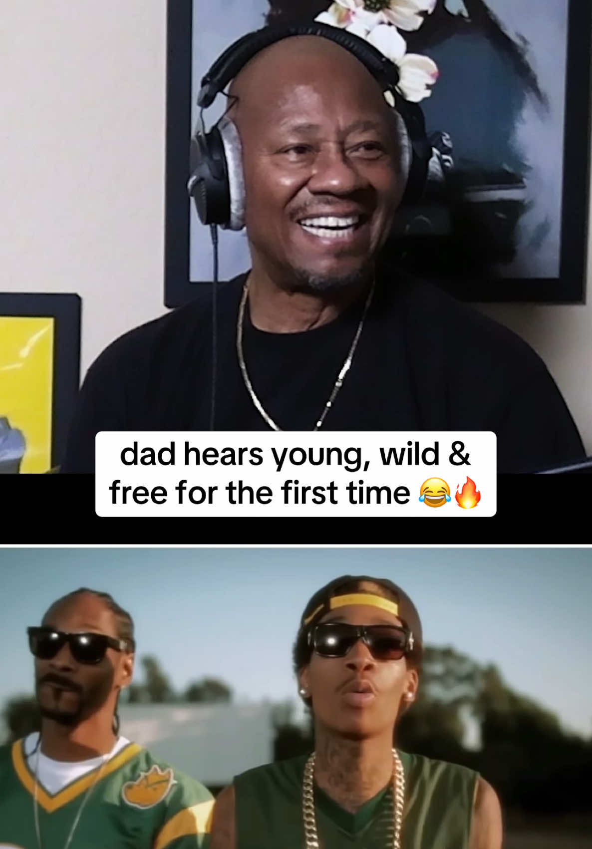 A post by @bridgingthegapyt on TikTok caption: Dad reacts to Wiz Khalifa & Snoop Dogg - Young, Wild & Free 🔥  #bridgingthegap #wizkhalifa #snoopdogg #brunomars 